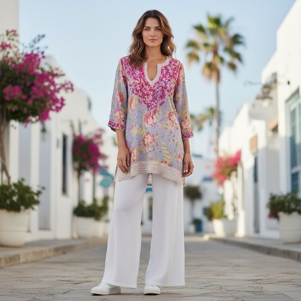 Amaya Embroidered Tunic Top Floral Pink Light Blue Multicolor Cotton Boho us 6
